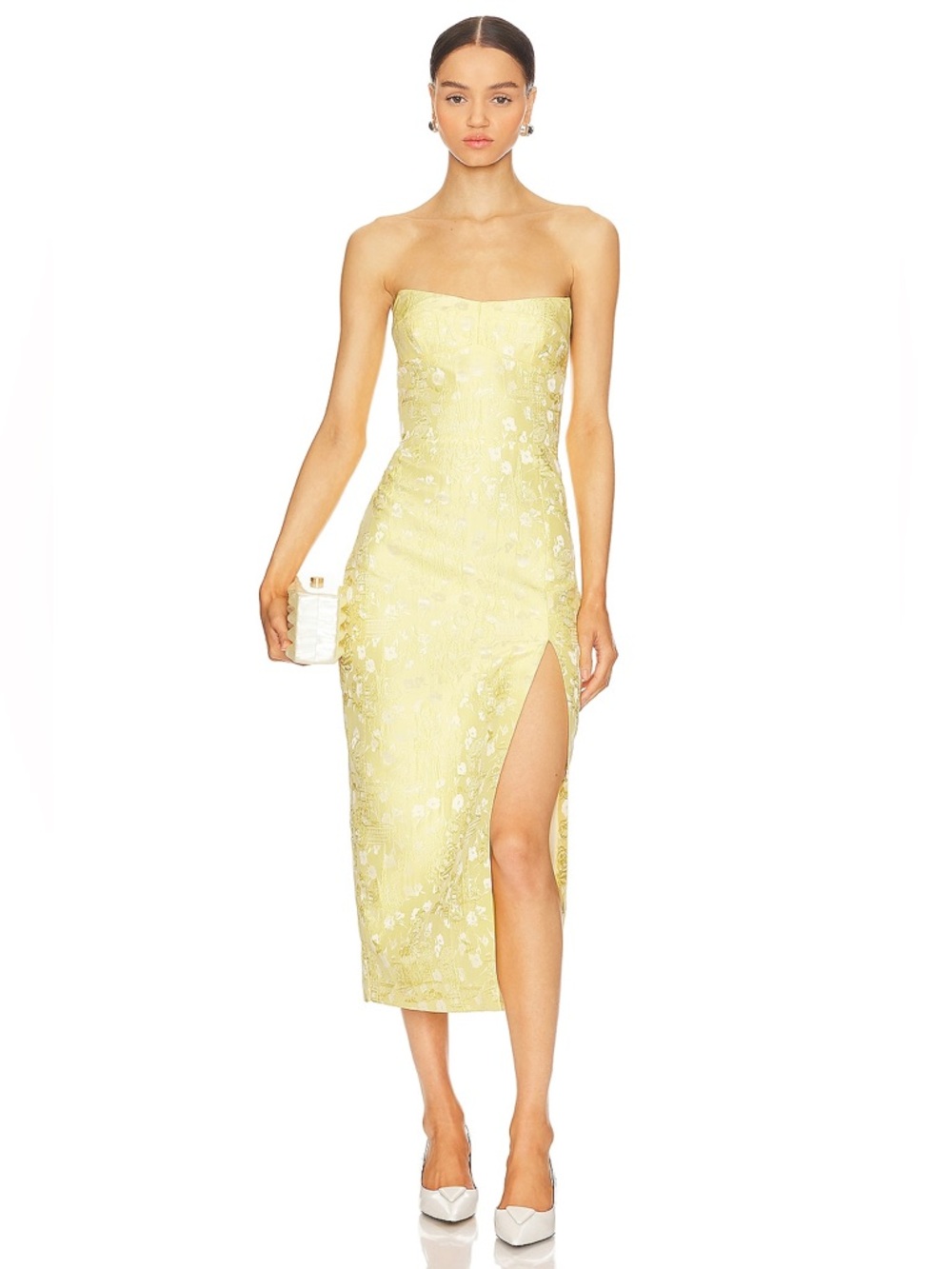 Amanda Uprichard Strapless Yellow Jacquard Midi Dress with Thigh Slit
